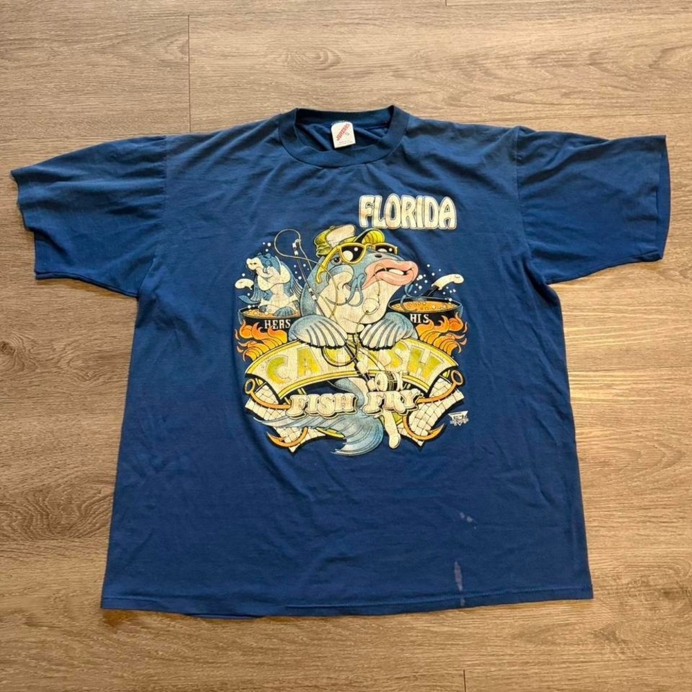 Vintage 90s Florida Catfish Fish Fry Shirt XL Jerzees Made in USA Boxy
